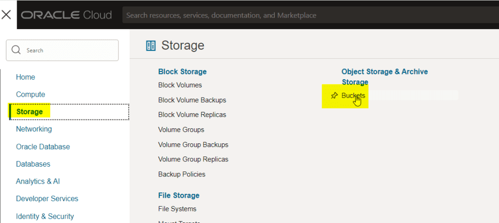 Navigate to object storage bucket for BICC in Oracle Fusion ERP