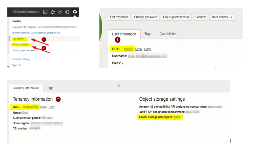 Copy user ocid, tenancy ocid and object storage namespace for connecting BICC in Oracle Fusion ERP