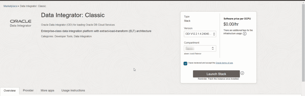 Launch Oracle Data Integrator stack from OCI marketplace